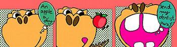 Cartoon Dinosaur says - an apple a day - send my dentist away, fr illustrator Tony Yau HK `1995